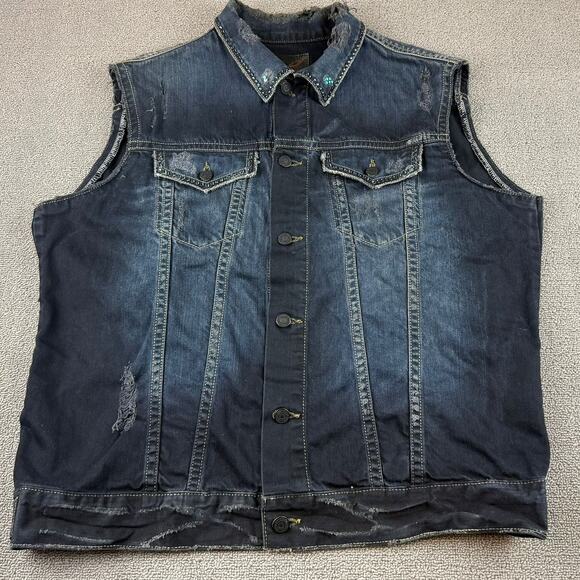 Robin’s Jean XL Denim Vest Distressed Wings Embroidery USA Rhinestone Collar - Picture 1 of 12